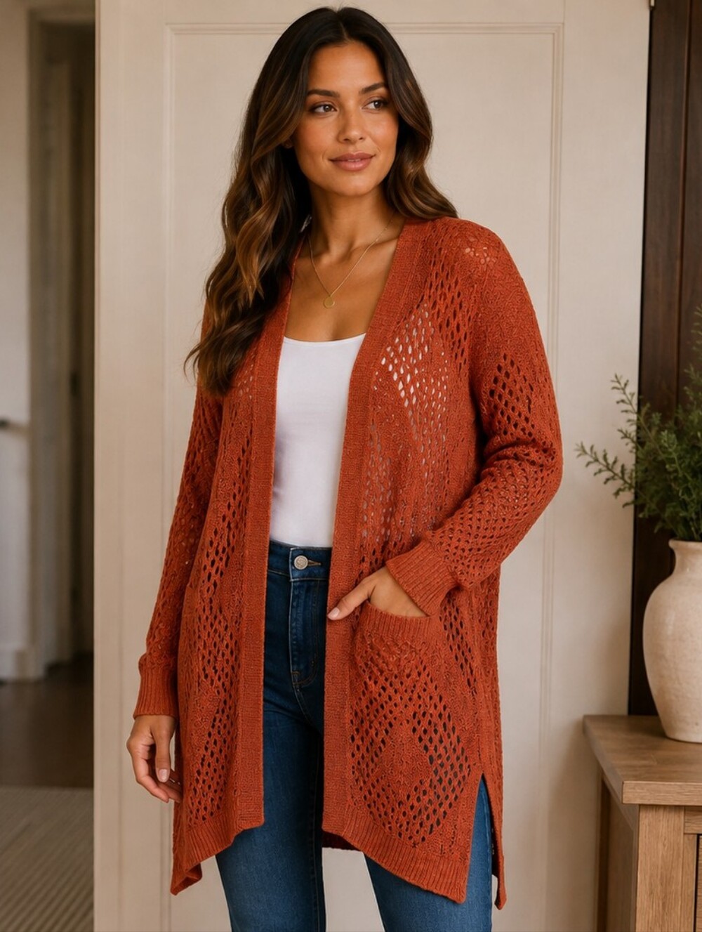 Rust/Orange Openwork Knit Cardigan Sweater